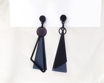 Mismatched geometric clip on earrings, Black and navy blue triangle clip on earrings, Statement metal and wood clip on earrings