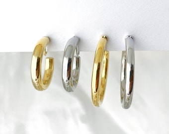Chunky sliver or gold hoops clip on earrings, Gold/silver 30mm 40mm hoop clip on earrings, Statement 5mm thick hoop clip on earrings
