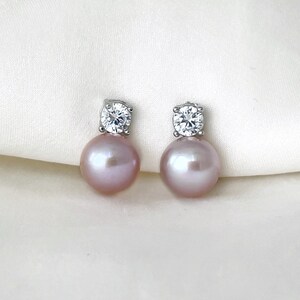 Freshwater pearl clip on earrings, White Purple pearl CZ clip on earrings, Bridal clip on earrings, Wedding clip on earrings Purple Pearl +Silver