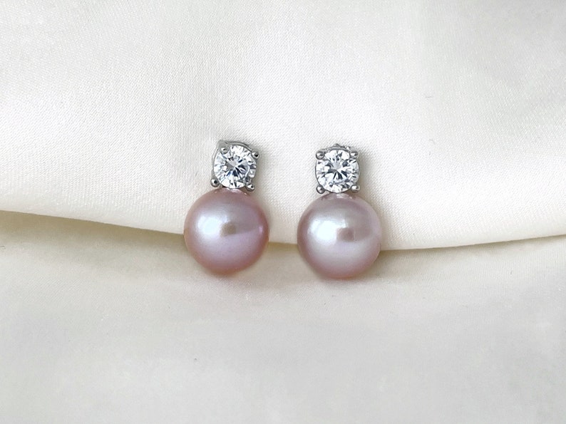 Freshwater pearl clip on earrings, White Purple pearl CZ clip on earrings, Bridal clip on earrings, Wedding clip on earrings Purple Pearl +Silver