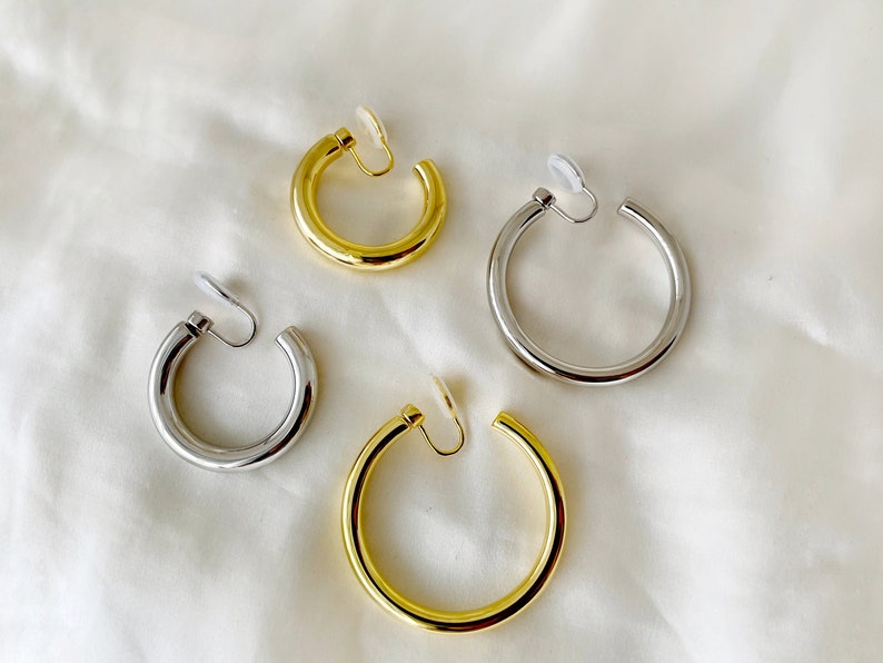 Chunky sliver or gold hoops clip on earrings, Gold/silver 30mm 40mm hoop clip on earrings, Statement 5mm thick hoop clip on earrings image 9