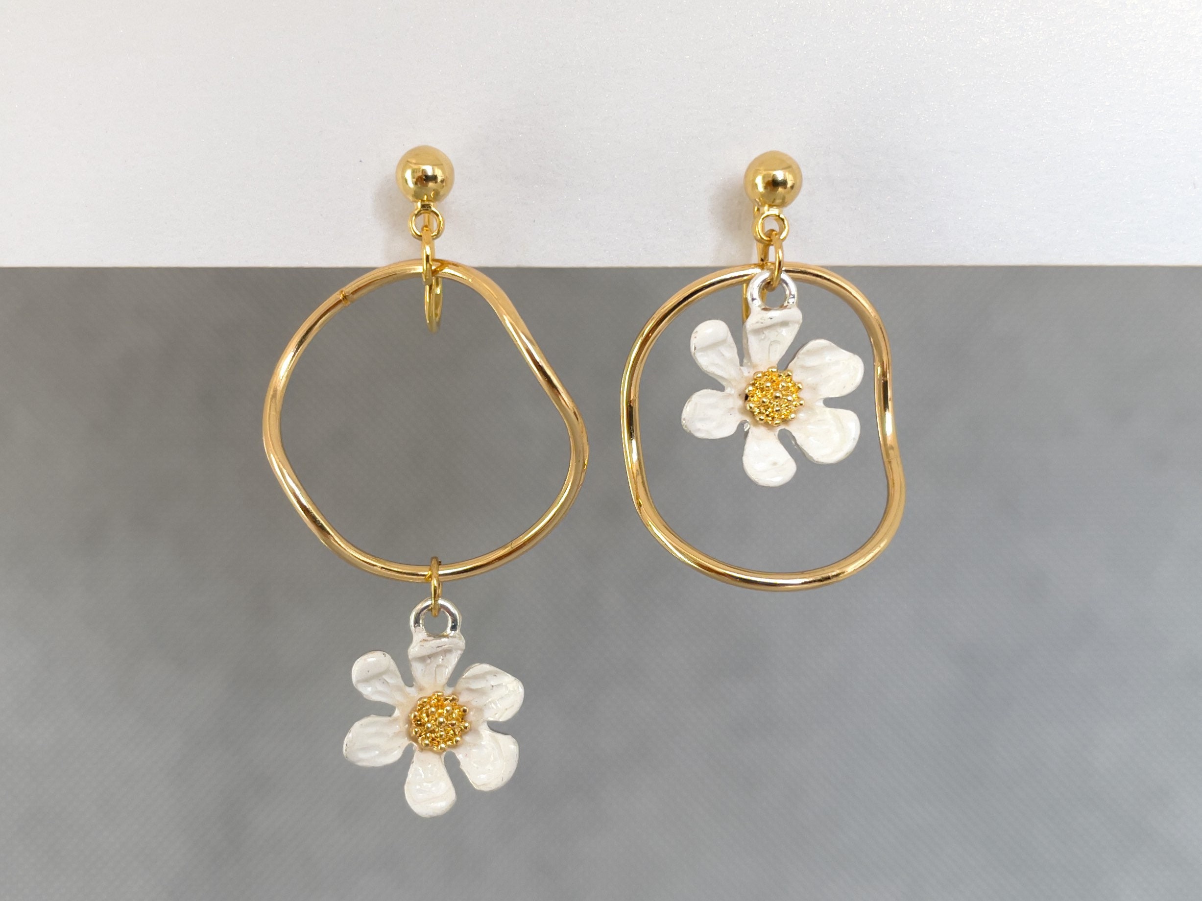 Mismatched daisy on hoop clip on earrings, Asymmetric drop earrings, …