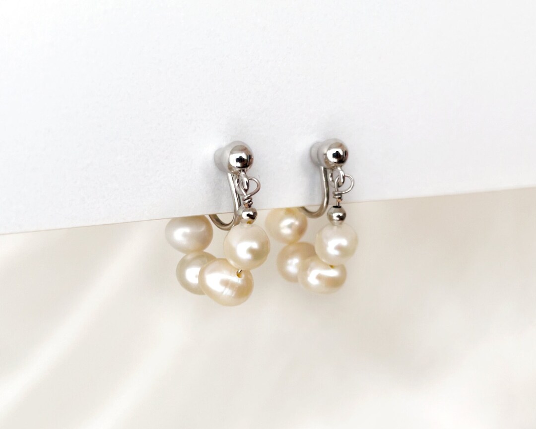 Pearl Huggies Beaded Clip on Earrings, Dainty Pearl Hoop Clip on