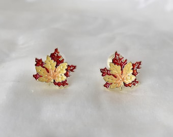 Maple leaf clip on earrings, Autumn leaves clip on studs, Invisible clip on earrings