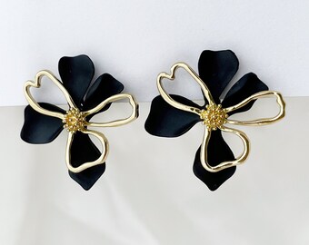 Statement black flower clip on earrings, Black flower gold clip on studs, Large black flower clip on earrings