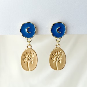 Moon and rose dangle clip on earrings, Blue moon and gold rose coin drop clip on earrings, Invisible clip on earrings image 1