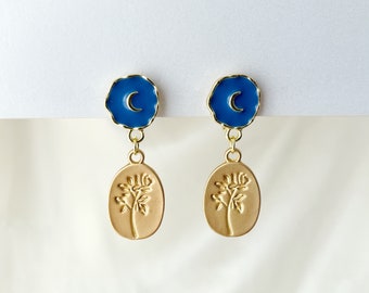 Moon and rose dangle clip on earrings, Blue moon and gold rose coin drop clip on earrings, Invisible clip on earrings