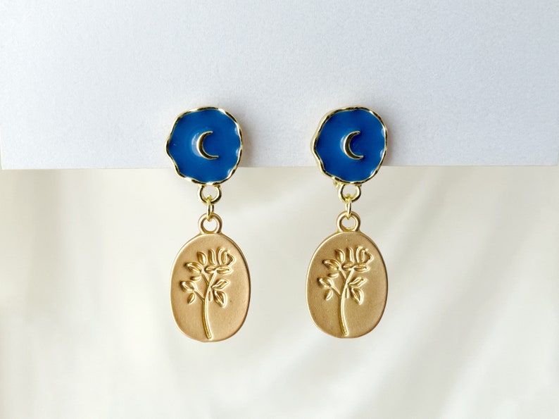 Moon and rose dangle clip on earrings, Blue moon and gold rose coin drop clip on earrings, Invisible clip on earrings image 1