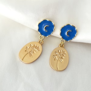Moon and rose dangle clip on earrings, Blue moon and gold rose coin drop clip on earrings, Invisible clip on earrings image 5