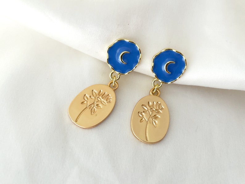 Moon and rose dangle clip on earrings, Blue moon and gold rose coin drop clip on earrings, Invisible clip on earrings image 5