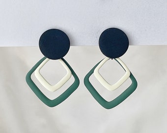 Square hoops dangle clip on earrings, Geometric matte green and white hoops clip on earrings, Comfortable clip on earrings