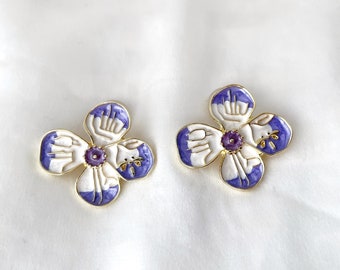 Purple and white flower clip on earrings, Dainty flower with dragonfly clip on studs, Floral clip on earrings