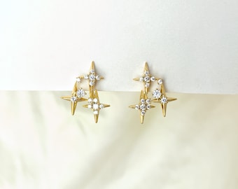 Sparkly CZ stars gold clip on earrings, Four point star clip on studs, Dainty three stars earrings, Invisible clip on earrings