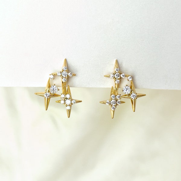 Sparkly CZ stars gold clip on earrings, Four point star clip on studs, Dainty three stars earrings, Invisible clip on earrings