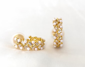 Pearls and sparkles clip on earrings, Huggie hoop clip ons, Elegant open hoop earrings, CZ gold conch hoop earrings