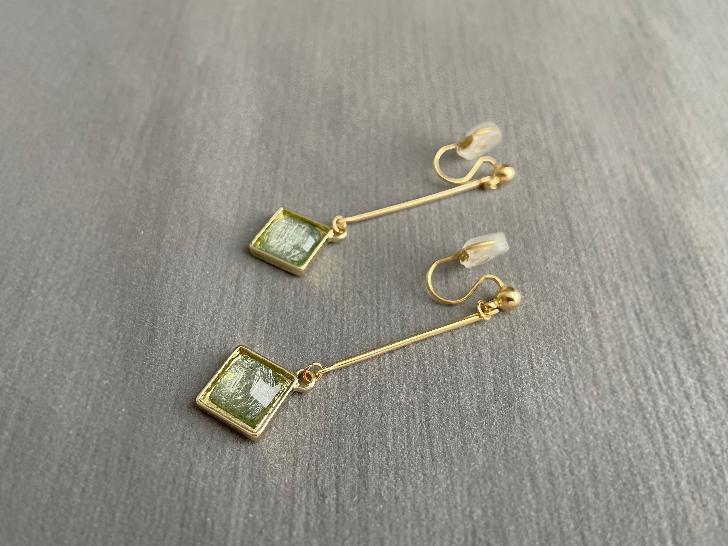 Green Square Gold Dangle Clip on Earrings Dainty Earrings - Etsy UK