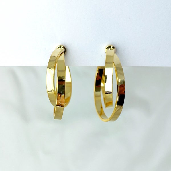 Gold layered hoop clip on earrings, Twist double hoop clip on earrings, Lightweight gold circle clip on earrings