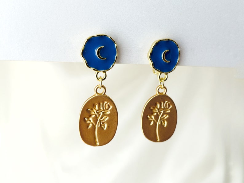 Moon and rose dangle clip on earrings, Blue moon and gold rose coin drop clip on earrings, Invisible clip on earrings image 3