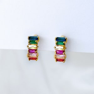 Rainbow CZ small huggie hoop clip on earrings, Multicoloured CZ hoop clip on earrings, Colourful baguette CZ hoop earrings