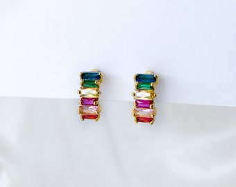 Rainbow CZ small huggie hoop clip on earrings, Multicoloured CZ hoop clip on earrings, Colourful baguette CZ hoop earrings