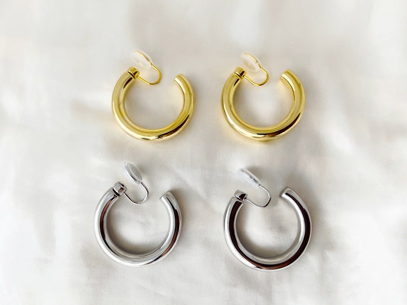 Chunky sliver or gold hoops clip on earrings, Gold/silver 30mm 40mm hoop clip on earrings, Statement 5mm thick hoop clip on earrings image 8