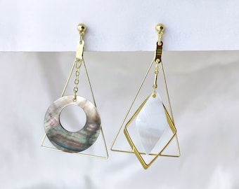 Mismatched geometric gold triangle dangle clip on earrings, Asymmetric black and white mother of pearl drop clip on earrings