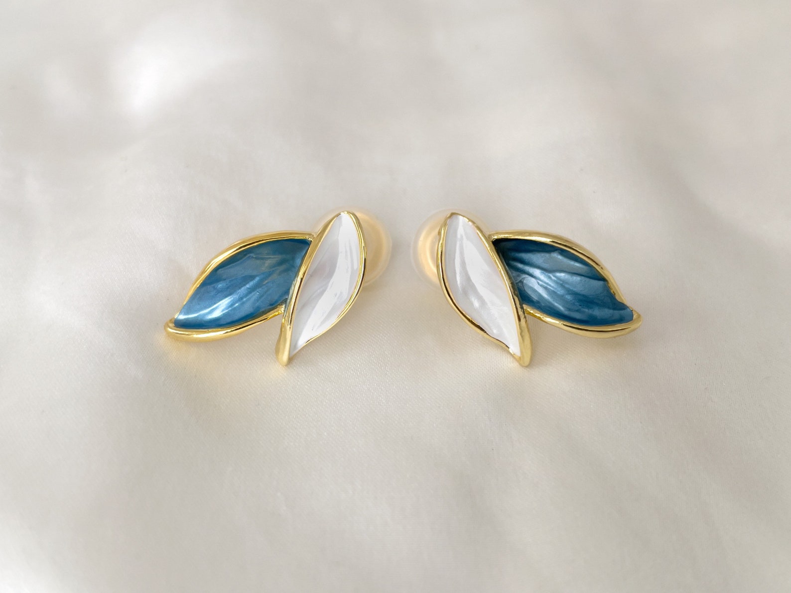 Leaf Stud Clip on Earrings White and Blue Leaf Clip on Etsy UK