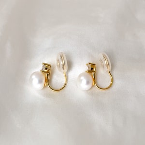Freshwater pearl clip on earrings, White Purple pearl CZ clip on earrings, Bridal clip on earrings, Wedding clip on earrings image 9