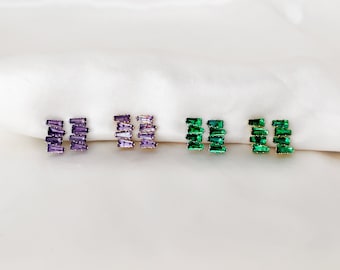 Dainty misaligned baguette CZ clip on earrings, Gold or sliver green emerald CZ clip ons, Amethyst purple CZ cluster earrings