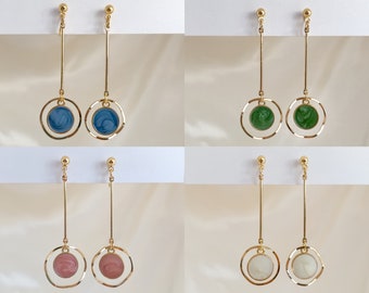 Gold hoop long drop clip on earrings, Blue/green/red/white round dangle earrings, Geometric circle earrings