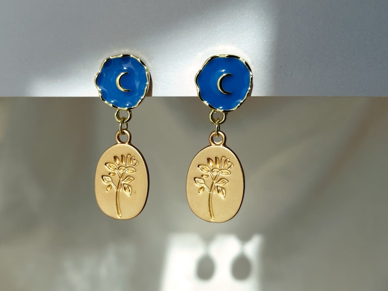 Moon and rose dangle clip on earrings, Blue moon and gold rose coin drop clip on earrings, Invisible clip on earrings image 4