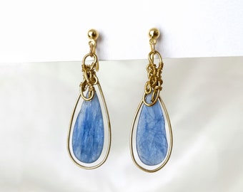 Blue kyanite clip on earrings, Kyanite hand wired teardrop clip on earrings, Gemstone wire wrapped earrings