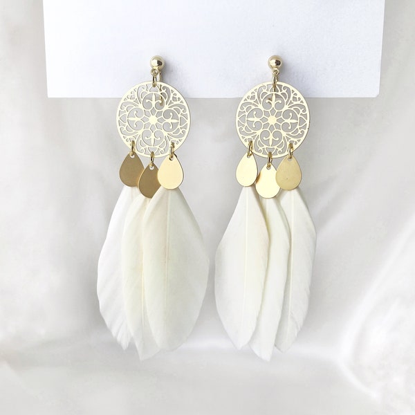 Handmade dreamcatcher clip on earrings, White feathers dangle drop clip on earrings, Boho clip on earrings