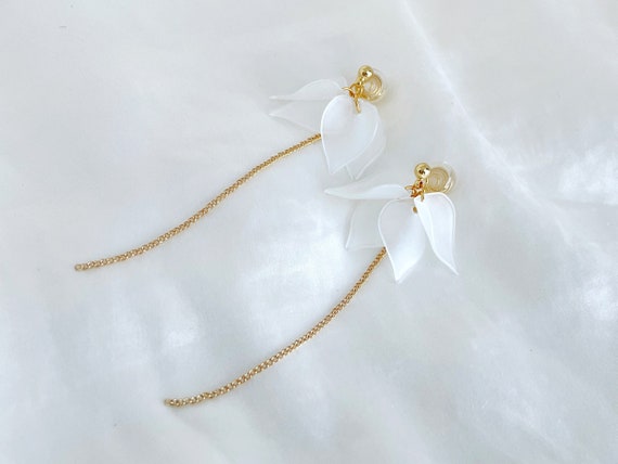 White Petal Dangle Clip on Earrings White Flower Earrings - Etsy UK