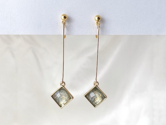 Green Square Gold Dangle Clip on Earrings Dainty Drop Dangle