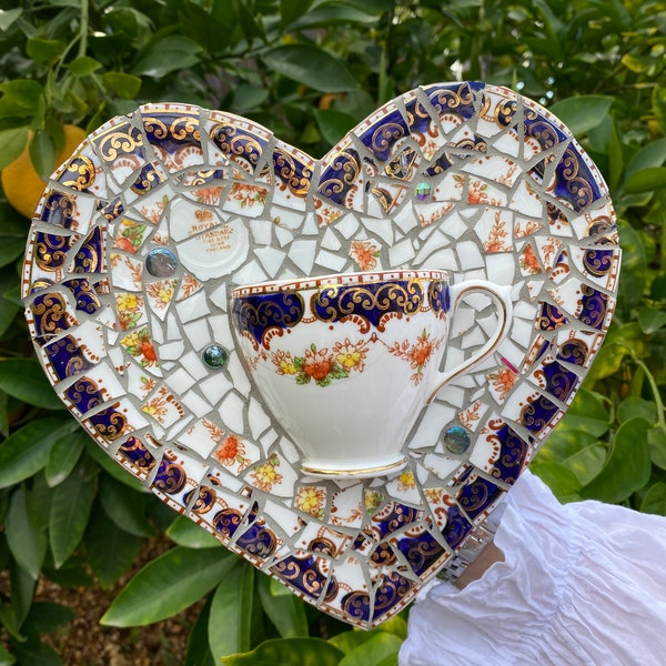 Mosaic Heart in Vintage Broken China with Teacup - Gold & Navy
