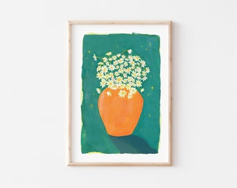Madeliefjebloemen in vaas handgeschilderde illustratie print (A4,A5) Woonkamer, Kids, Home Decor, Wall Art, Decoratieve muur opknoping, bloemsierkunst