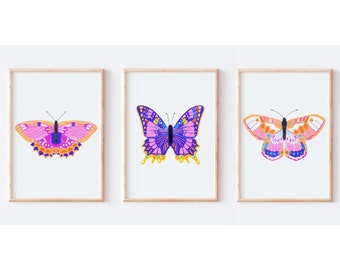 Geschilderde vlinderillustratieafdrukken, A5, A4 vlinder, insectenmuurkunst, gedurfde print, bug, kinderkamer, kinderdagverblijf, huis, decor, cadeau