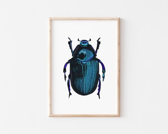 Black beetle illustration art print (A4/A5) dung beetle, black blue insect drawing, nature, wildlife, bug wall art, home decor, gift