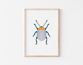 Bold Beetle Illustration Print Pink (A5/A4) insect illustration, bold print, bug, kids room, nursery, home, wall art