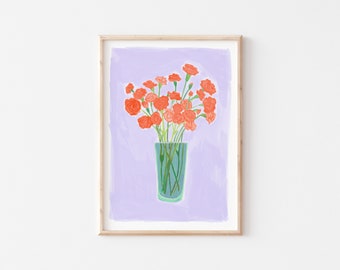 Rode anjers bloemen illustratie art print (A4/A5) hand getrokken, bloemen, kunst aan de muur, keuken home decor, schilderen, cadeau, rood, paars,