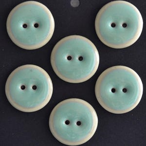 Può includere: Sei bottoni rotondi con due fori ciascuno. I bottoni hanno un centro azzurro chiaro e un anello esterno color crema. I bottoni sono disposti su uno sfondo scuro.