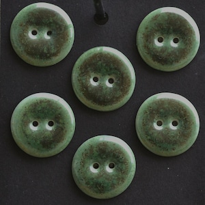 Può includere: Sei bottoni rotondi verdi con due fori ciascuno. I bottoni hanno un aspetto maculato e screziato con accenti marroni più scuri. I bottoni sono disposti su una superficie nera.