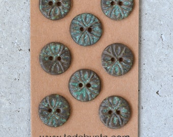 8 pieces 18 mm handmade ceramic buttons copper patina