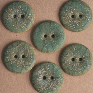 May include: Six round, teal-colored buttons with two holes each. The buttons have a speckled, textured surface with a network of fine lines. The buttons are arranged on a light brown surface.