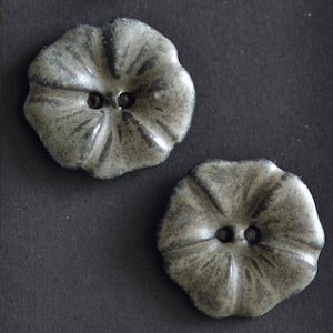 May include: Two gray flower-shaped buttons with two holes each. The buttons have a textured surface and a dark gray outline. The buttons are on a dark gray background.