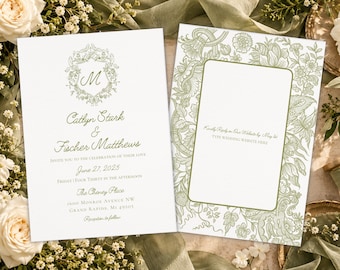 Könnte beinhalten: Zwei weiße, rechteckige Hochzeitseinladungskarten mit salbeigrüner Tinte. Die linke Karte zeigt ein florales Wappen mit dem Buchstaben M, die Namen Catlyn Stark und Fischer Matthews sowie Veranstaltungsdetails.