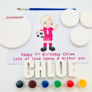 Personalised football themed pottery painting activity children’s craft set. Ideal birthday gift