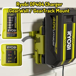 May include: A Ryobi OP404 charger and GearWall/GearTrack mount. The charger is black and yellow, with the Ryobi logo and 40V Lithium information. The mount is lime green. The image also shows two additional yellow and black battery packs.
