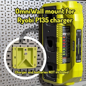 May include: A lime green plastic OmniWall mount for a Ryobi P135 charger. The mount is shown attached to a metal pegboard. The text reads: OmniWall mount for Ryobi P135 charger and Charger and batteries NOT included. The charger is lime green and black.